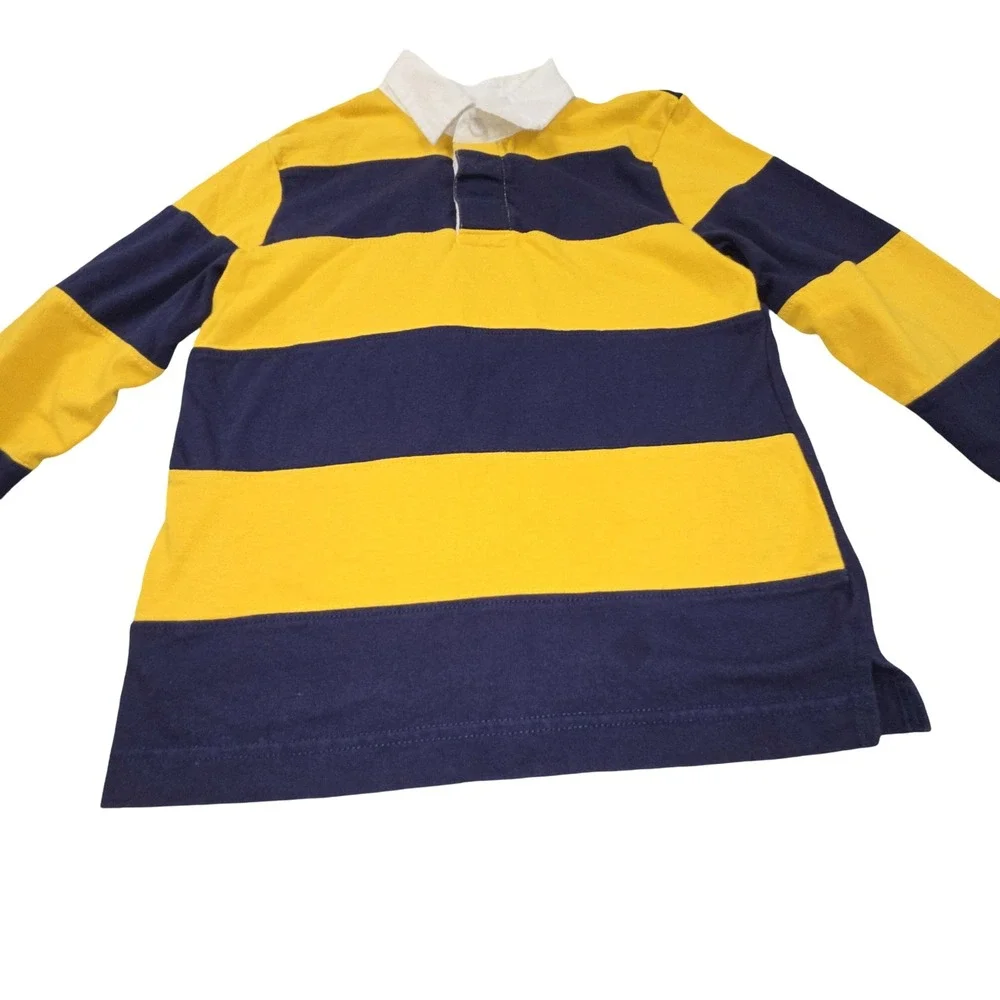 Gymboree Boys Size 7 Rugby Shirt Navy Blue Yellow Striped Long Sleeve Preppy Y2K
